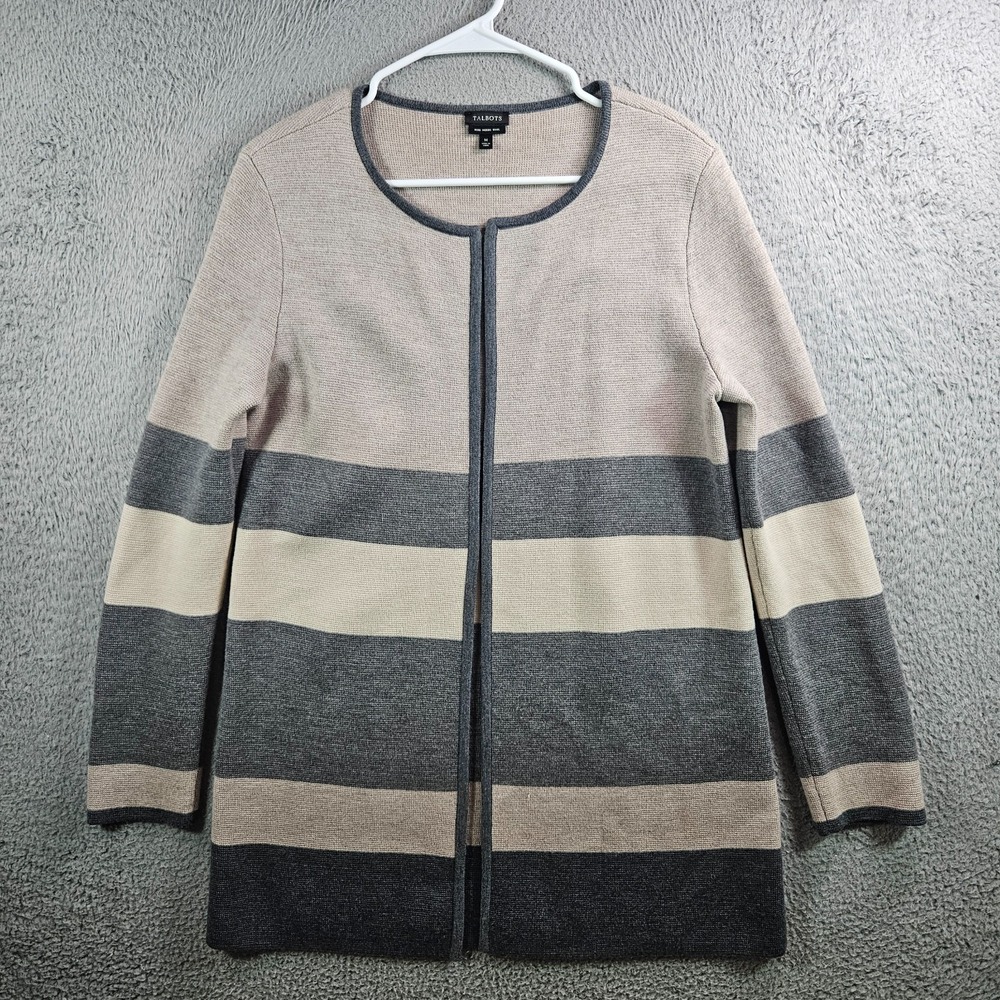 Talbots Wool Open Front Long Duster Cardigan Blazer Women Medium Beige Gray